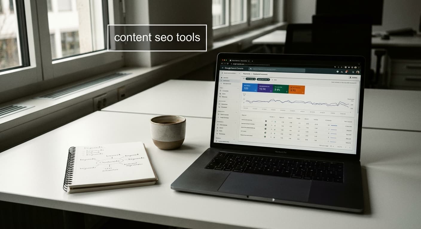 content seo tools im Einsatz: Laptop mit SEO-Dashboard, Keyword-Clustern und Ranking-Tracking am Arbeitsplatz