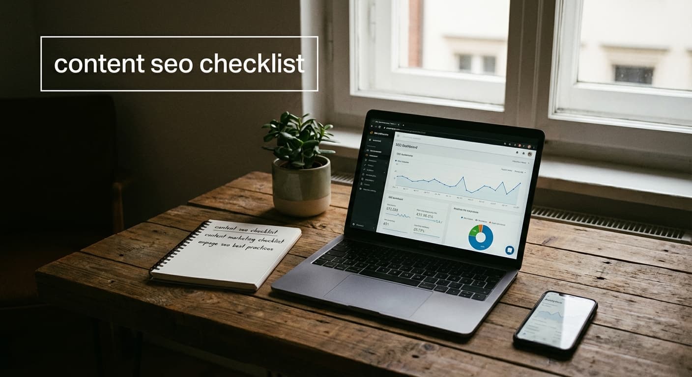 content seo checklist für Hamburg: Laptop mit SEO-Dashboard, Keyword-Notizen und Analytics am dunklen Arbeitsplatz