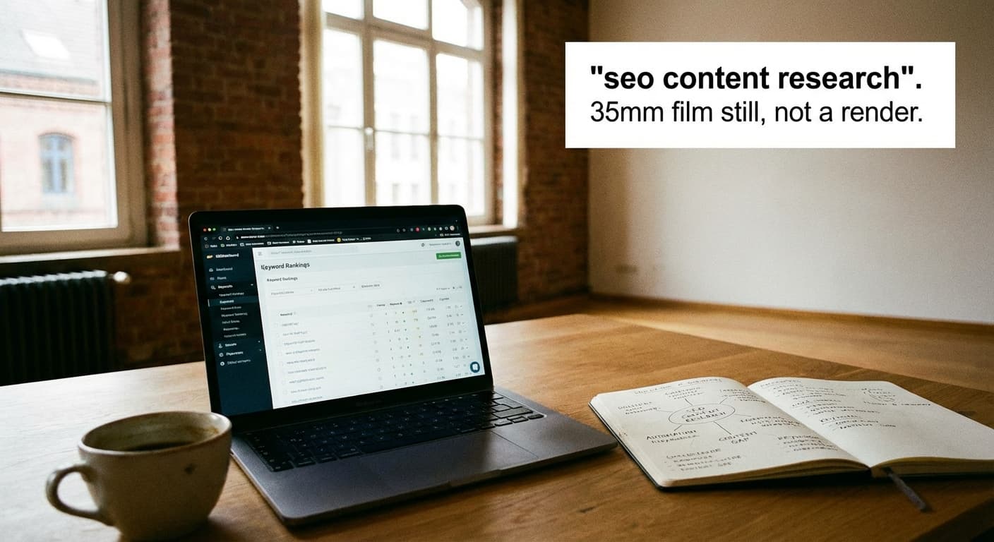 seo content research: Laptop mit SEO-Dashboard, Keyword-Clustern im Notizbuch und ruhigem Arbeitsplatz für Automation