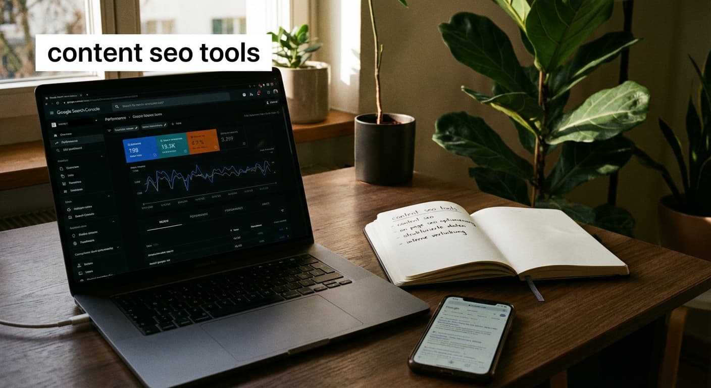 content seo tools auf Laptop mit On-Page-Audit Dashboard, Keyword-Notizen und Test für strukturierte Daten am Arbeitsplatz
