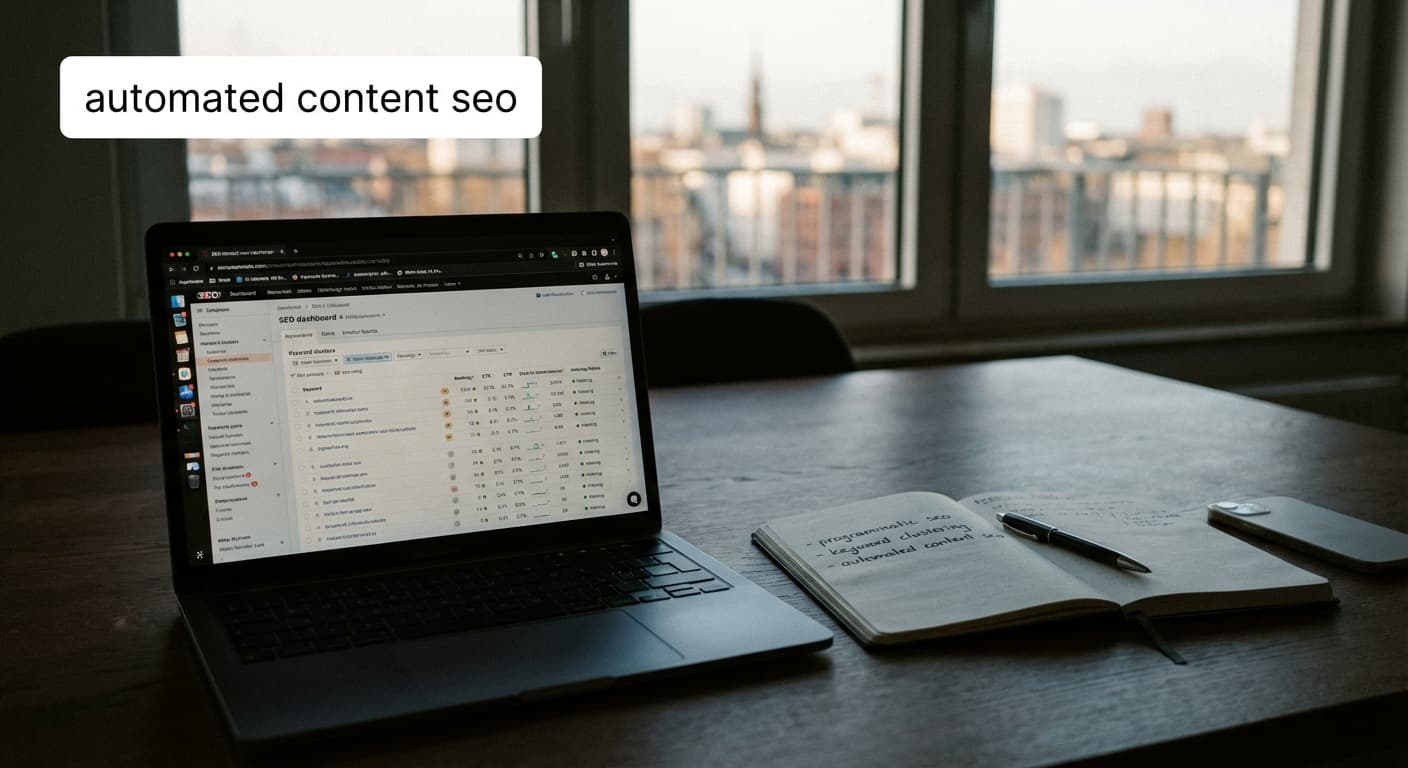 Automated content seo am Laptop mit SEO-Dashboard, Keyword-Clustern und Publishing-Workflow in modernem Büro