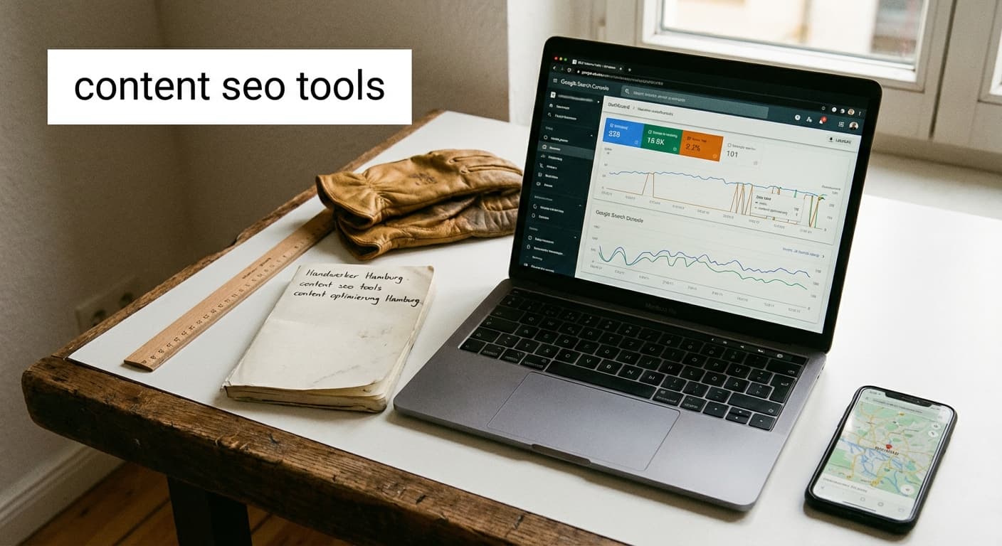 content seo tools im Einsatz: Laptop mit SEO-Dashboard, Keyword-Notizen und lokaler Hamburg-Content-Planung am Schreibtisch