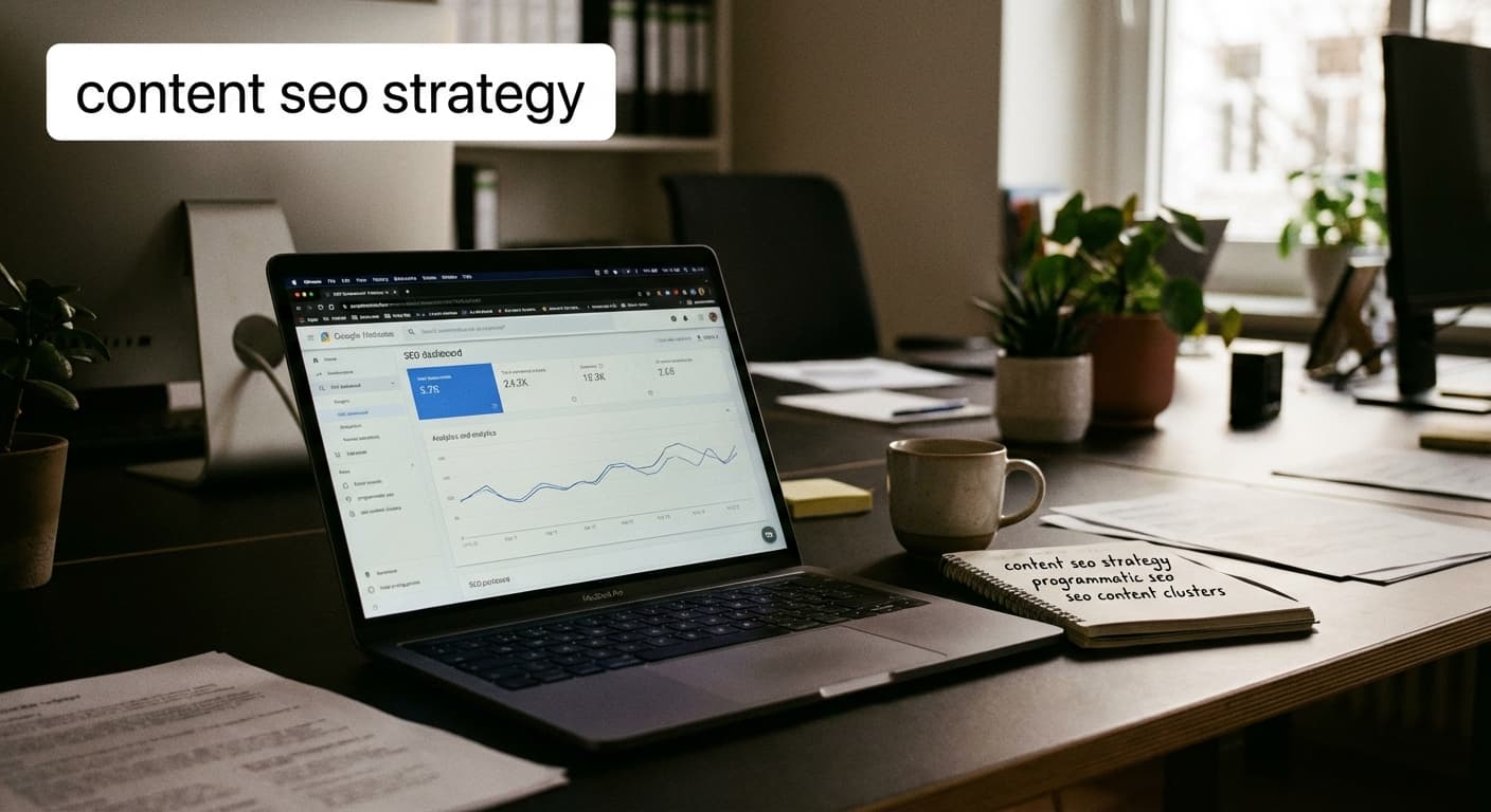 content seo strategy am Laptop mit SEO-Dashboard, Keyword-Notizen und Analytics, Beispiel für Programmatic SEO im Büro