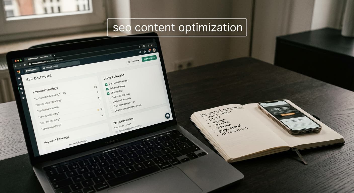 seo content optimization Checkliste auf Laptop mit SEO-Dashboard, Keyword-Rankings und Notizen zur Platz 1 Strategie