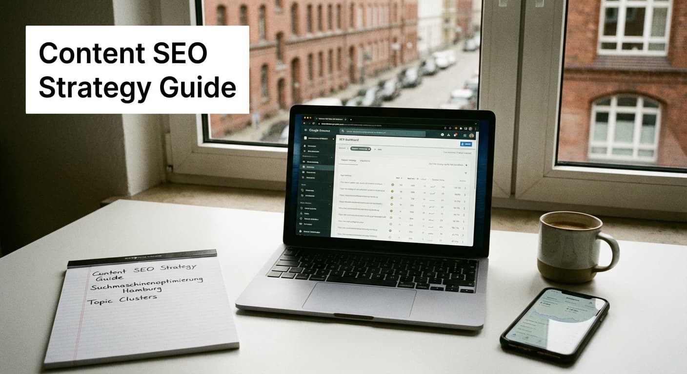 Content SEO Strategy Guide auf Laptop mit SEO-Dashboard, Keyword-Notizen und Analytics für bessere Rankings in Hamburg