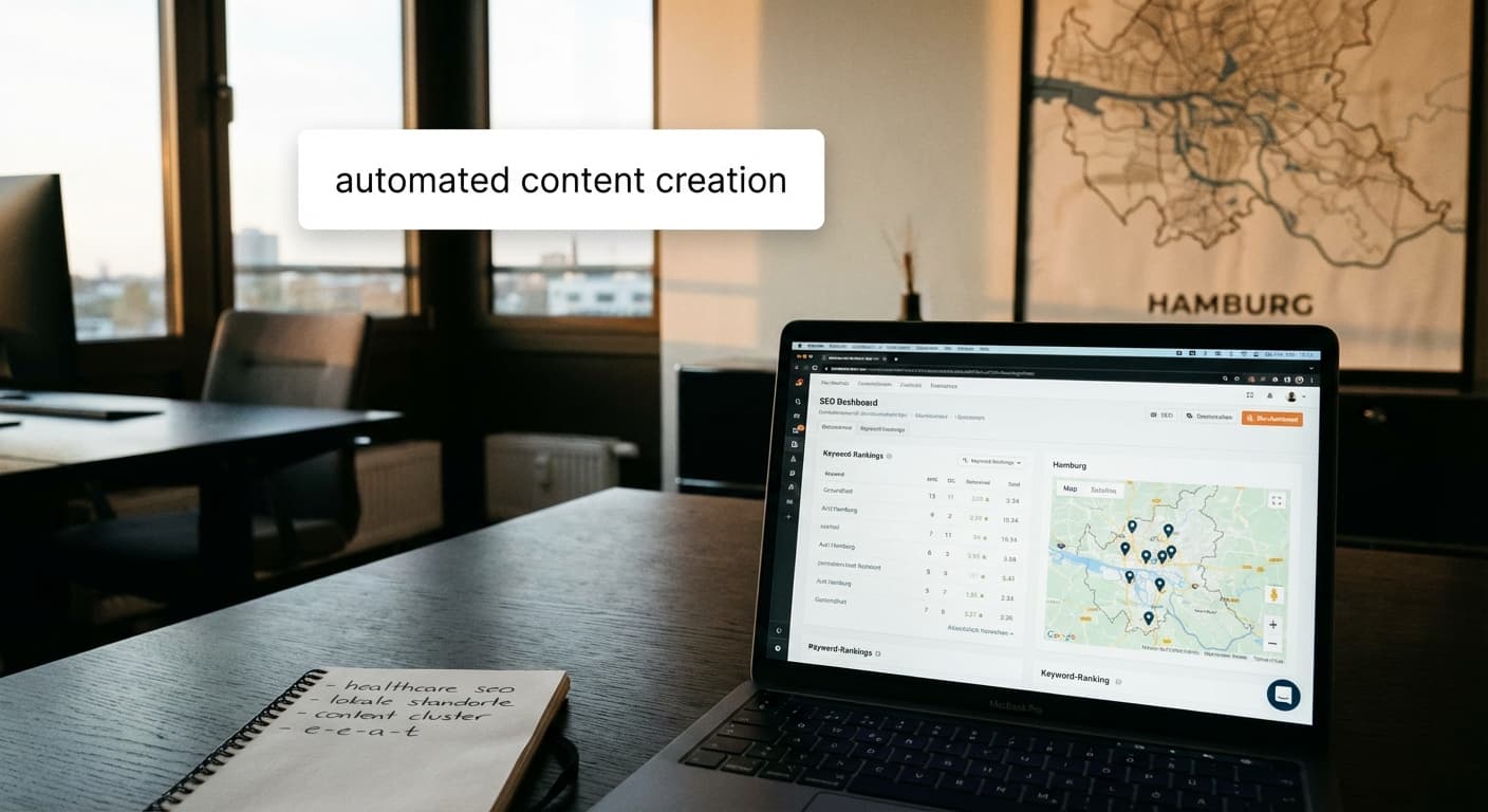 Automated content creation im Healthcare SEO, Laptop mit SEO-Dashboard, Keyword-Clustern und lokaler Hamburg-Analyse am Schreibtisch