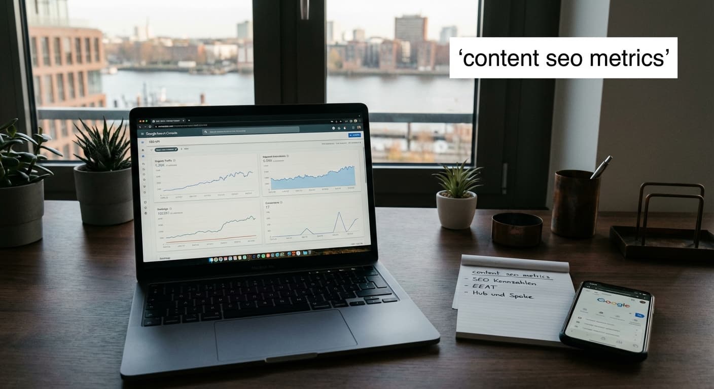 content seo metrics Dashboard auf Laptop mit Traffic, Impressionen und Conversions, daneben Notizbuch mit KPI Planung