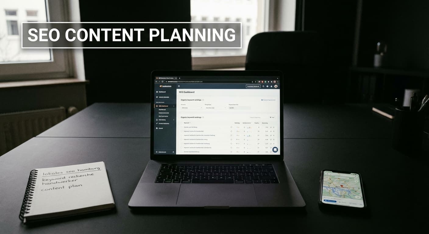 seo content planning am Laptop mit SEO-Dashboard, Keyword-Notizen und Hamburg-Karte für lokales Handwerks-SEO