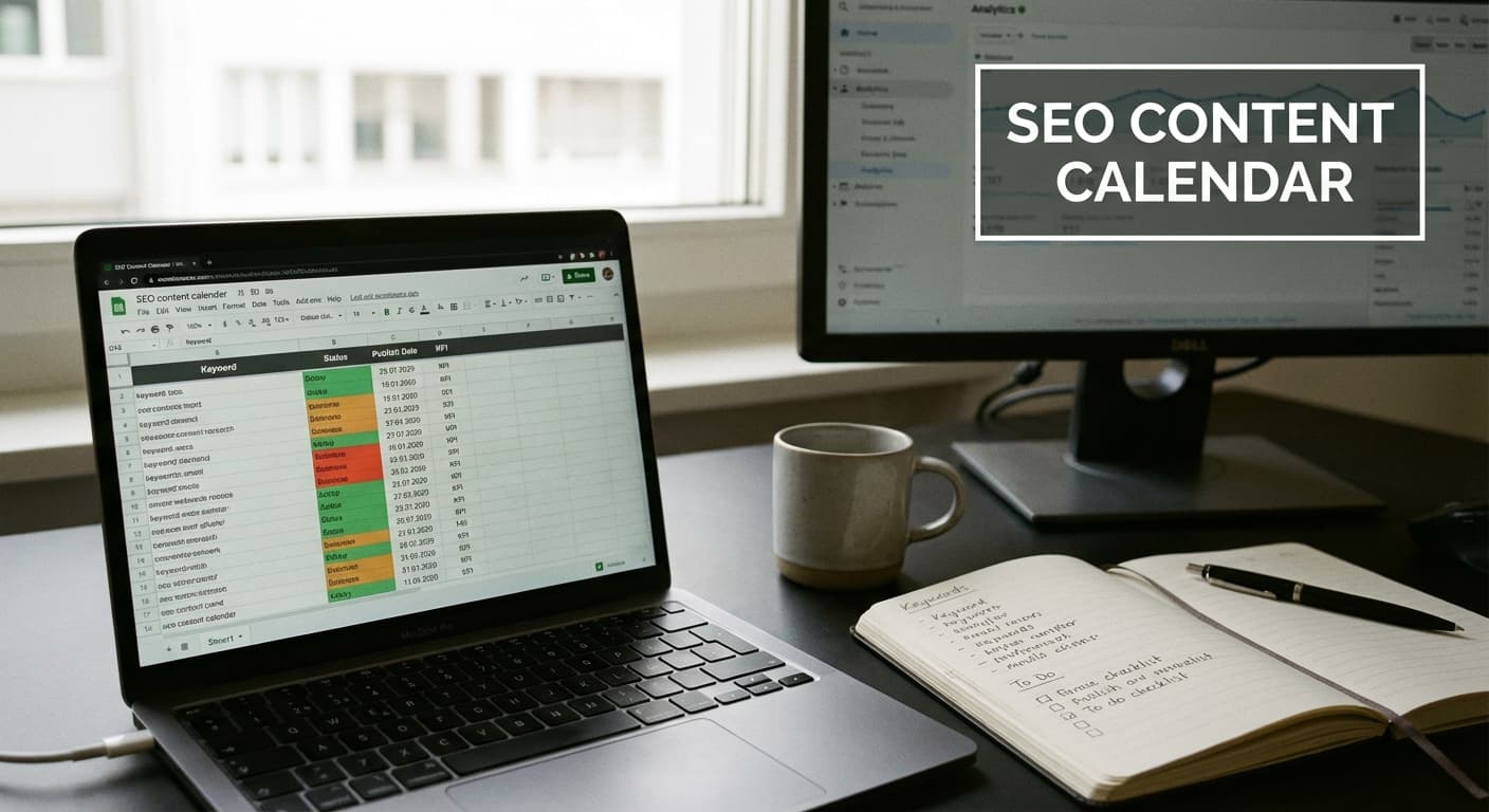SEO Content Calendar auf Laptop mit farbcodierter Planung, Keywords im Notizbuch und Analytics im dunklen Bürolicht