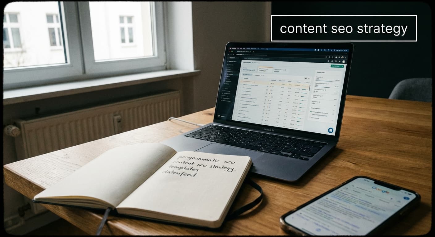 content seo strategy mit Programmatic SEO: Laptop mit SEO-Dashboard, Long-Tail-Keywords, Templates und Datenfeed am Arbeitsplatz