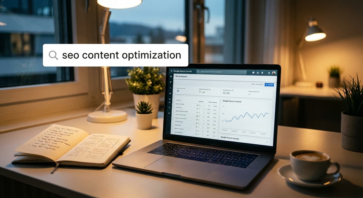 SEO Content Optimization am Laptop: Dashboard mit Rankings, Keyword-Notizen und Plan für Programmatic SEO Templates