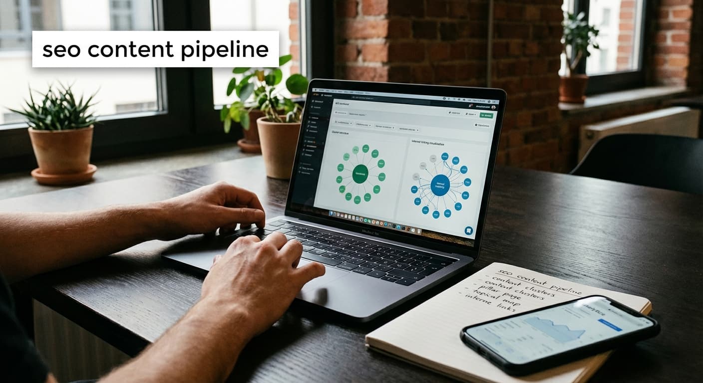 seo content pipeline am Laptop mit Content-Cluster-Dashboard, Notizblock mit Pillar Page und interner Verlinkung