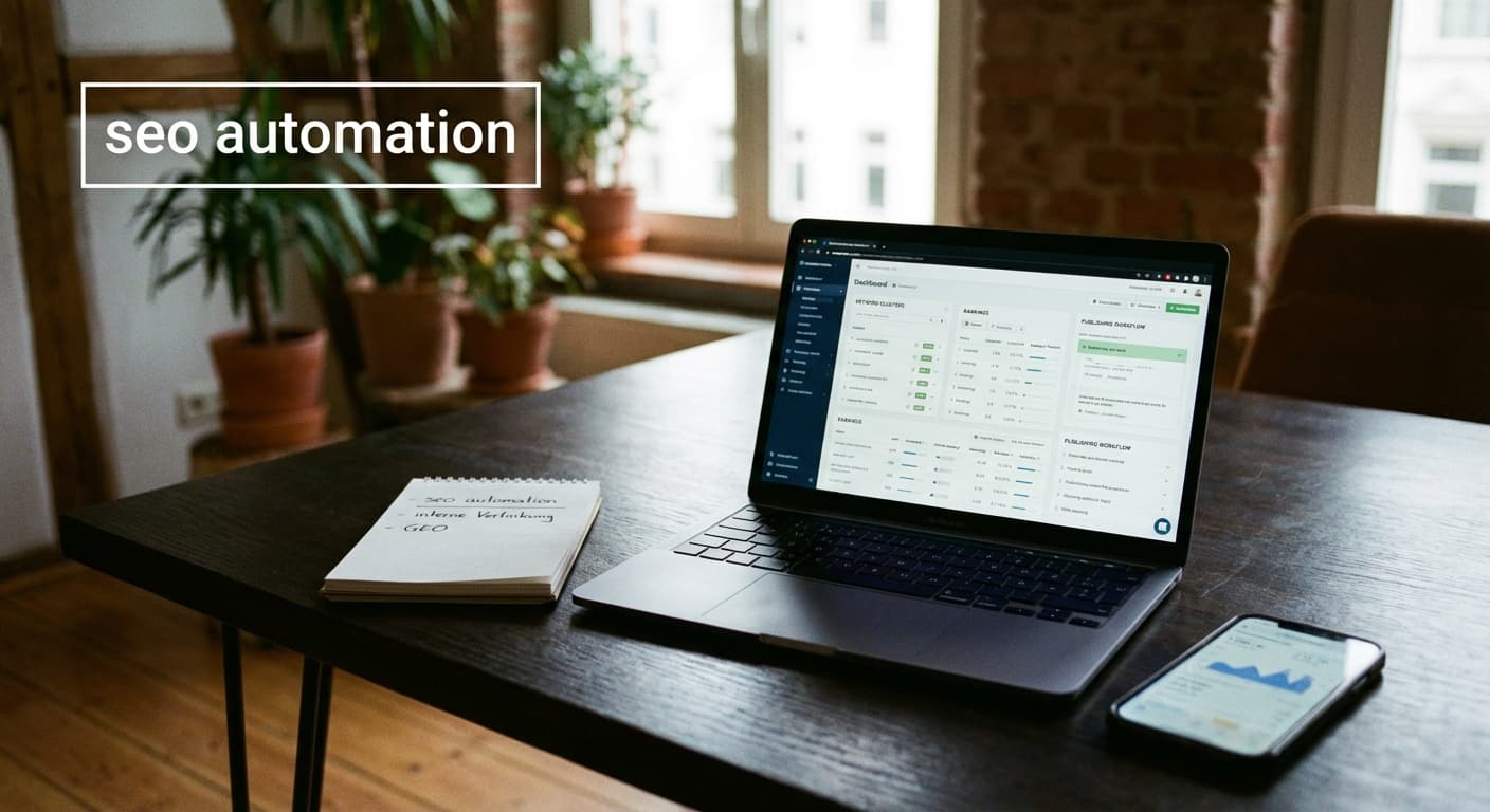 seo automation im Hamburger Büro, Laptop mit SEO-Dashboard, Keyword-Clustern und Publishing-Workflow für Google-Sichtbarkeit