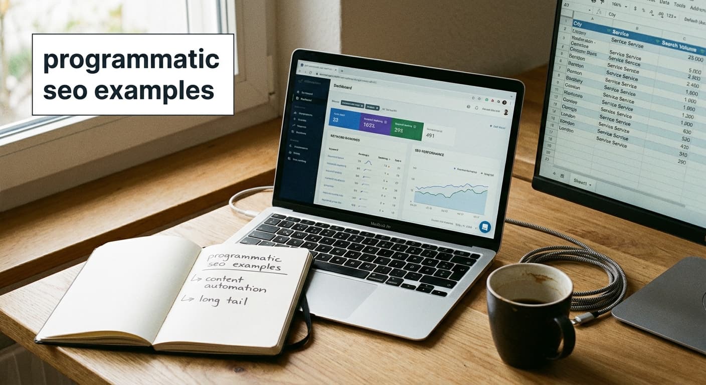 Programmatic seo examples auf Laptop mit SEO-Dashboard, Keyword-Notizen und Daten-Tabelle für Content Automation
