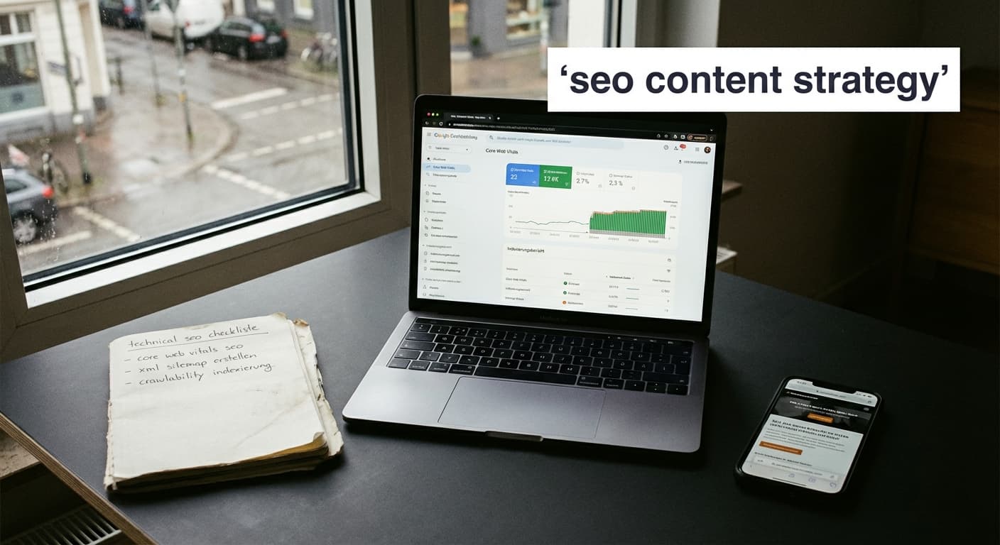 seo content strategy mit Technical SEO Checkliste: Laptop mit SEO-Dashboard, Core Web Vitals und Indexierungsstatus am Arbeitsplatz