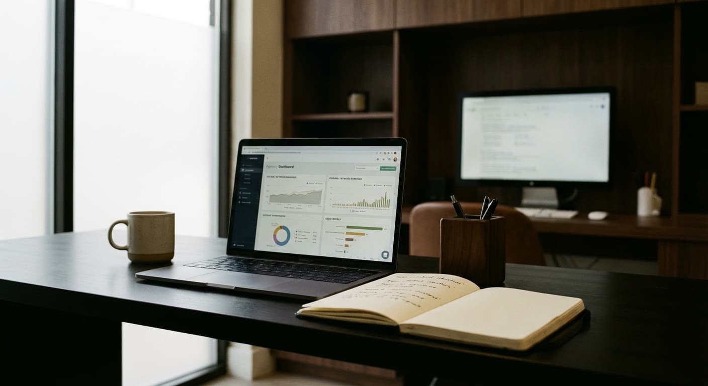 SEO Content Ideation für Platz 1 bei Google, Laptop mit SEO-Dashboard, Topic-Cluster-Notizen und Search-Intent-Planung