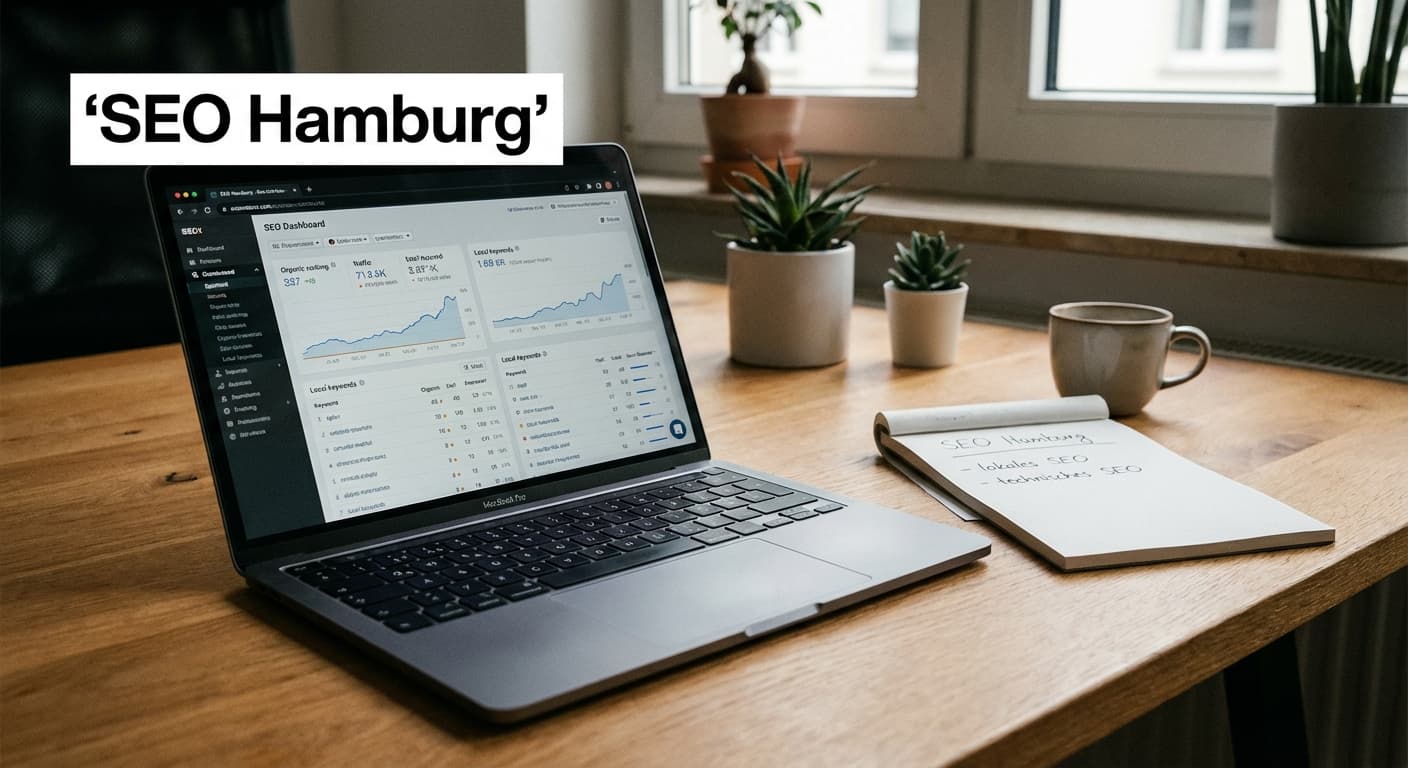 SEO Hamburg am Laptop mit Analytics-Dashboard, Keyword-Notizen und Strategie-Setup in einem modernen Büro
