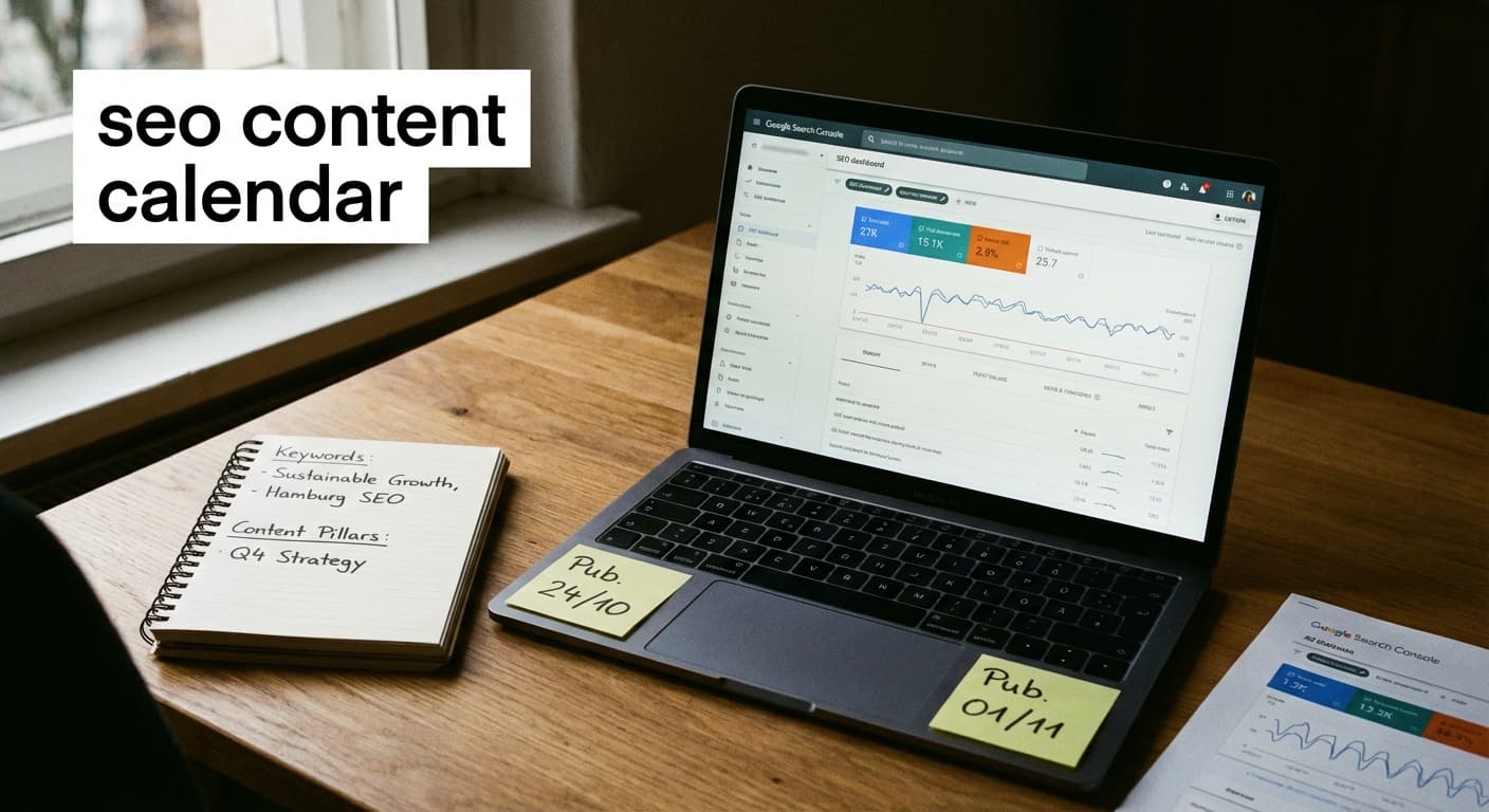 seo content calendar auf Laptop mit SEO-Dashboard, Notizblock und Redaktionsplan am modernen Arbeitsplatz in Hamburg