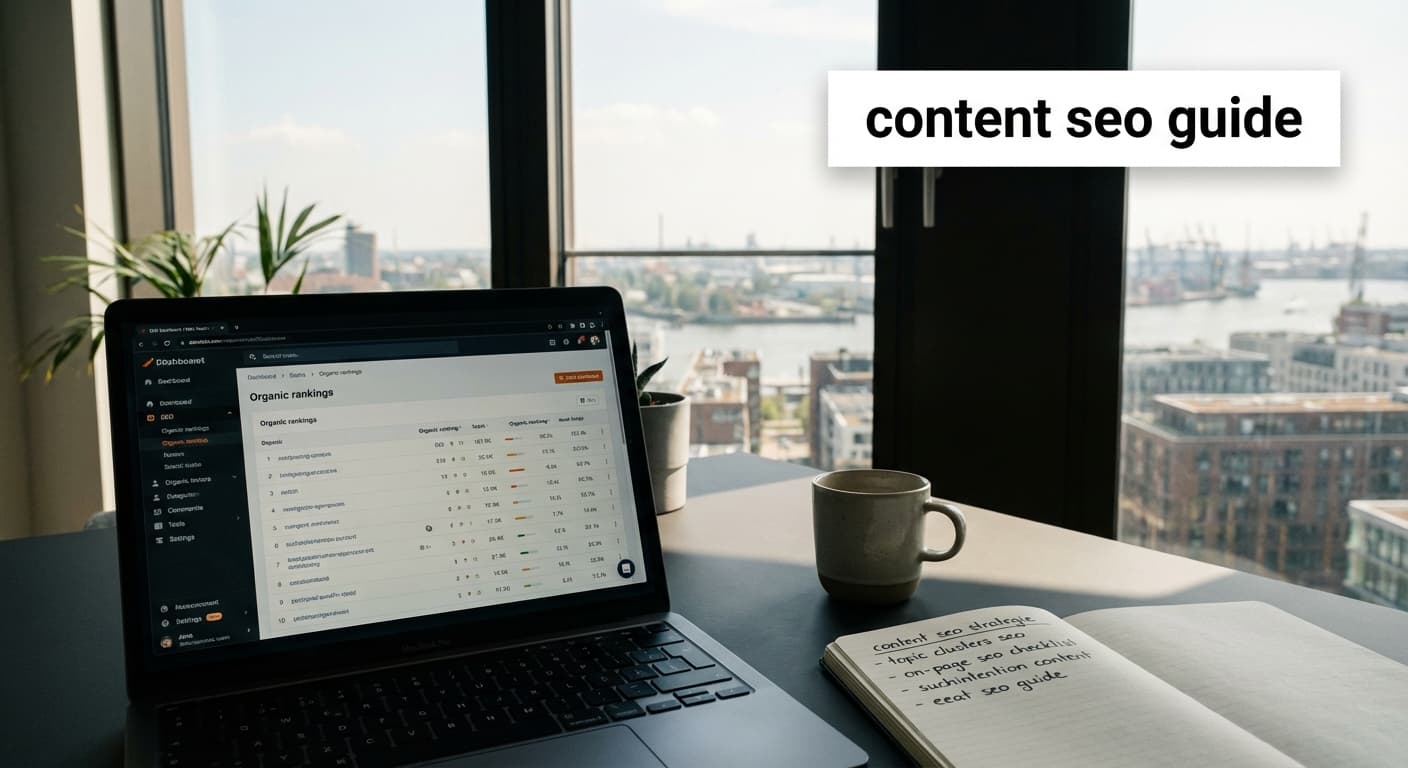 content seo guide 2026: Laptop mit SEO-Dashboard, Keywords und Notizen zu Topic Clusters und On-Page-Optimierung