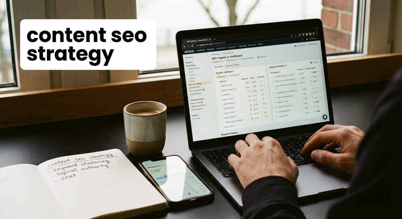 content seo strategy am Laptop mit SEO-Dashboard, Keyword-Clustern und Notizen für B2B-Platz-1-Rankings