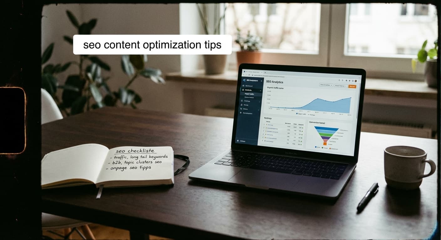 seo content optimization tips: Laptop mit Analytics-Dashboard, Keyword-Notizen und Content-Checkliste zur Traffic-Steigerung