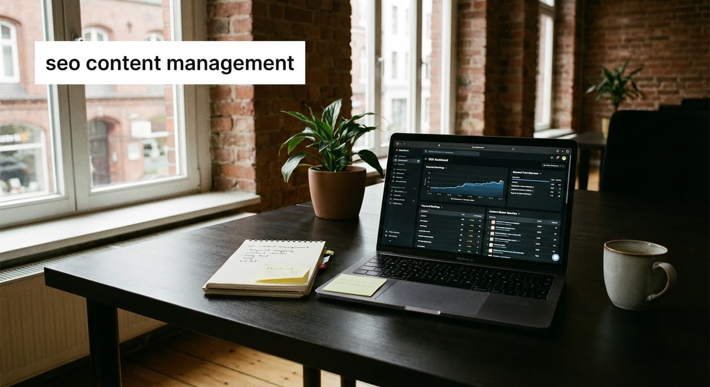 seo content management am Laptop mit SEO-Dashboard, Keyword-Mapping und Content-Cluster-Notizen auf einem Schreibtisch