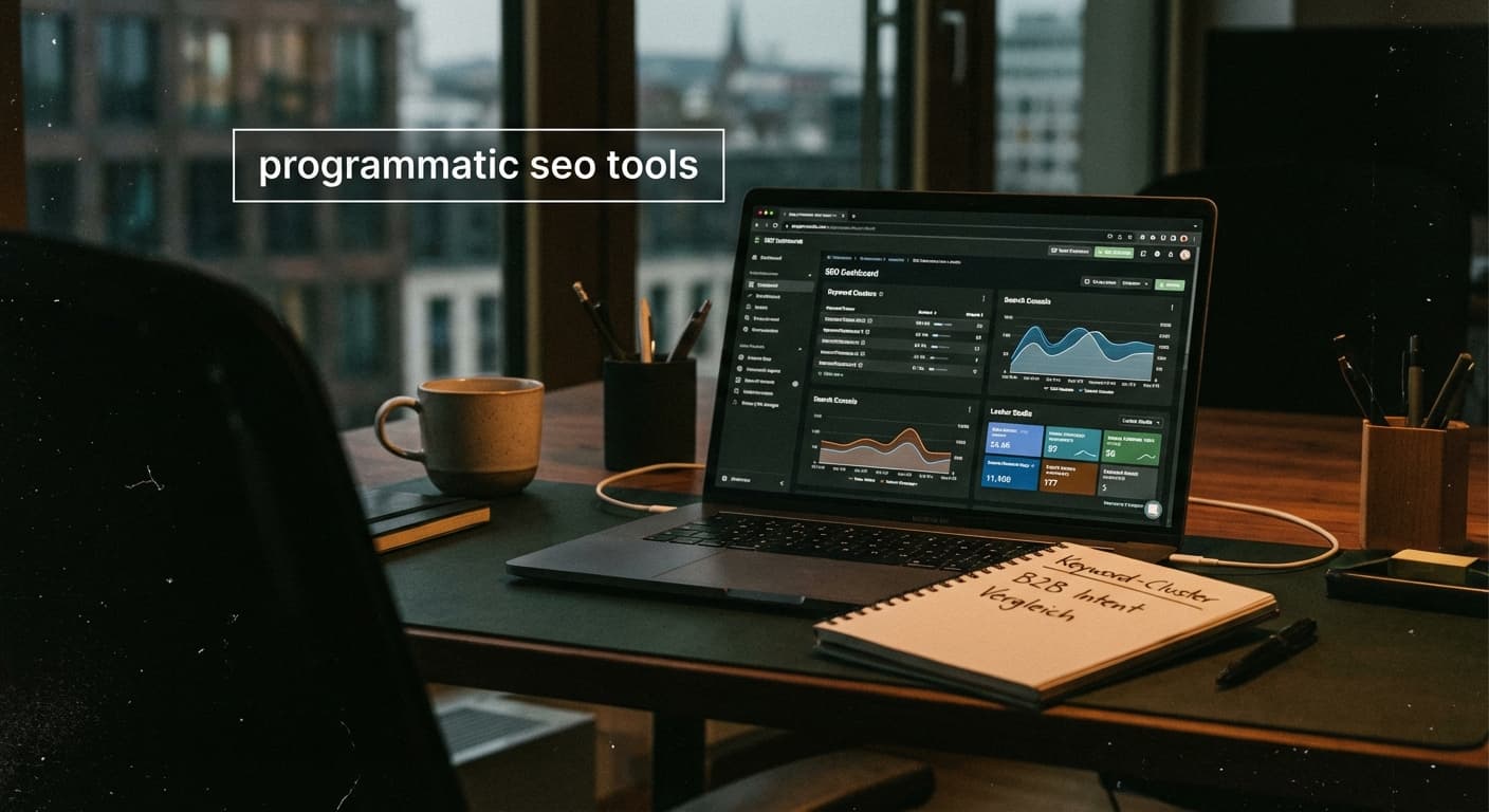 Programmatic SEO Tools für B2B Keyword-Recherche, Laptop mit SEO-Dashboard, Keyword-Clustern und Search-Console-Kurven