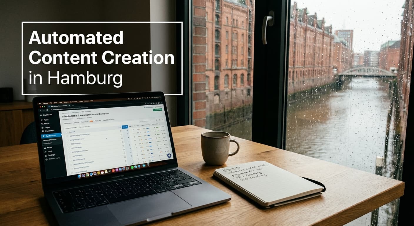 Automated Content Creation am Laptop mit SEO-Dashboard, Keywords und Content-Planung für ein KMU in Hamburg