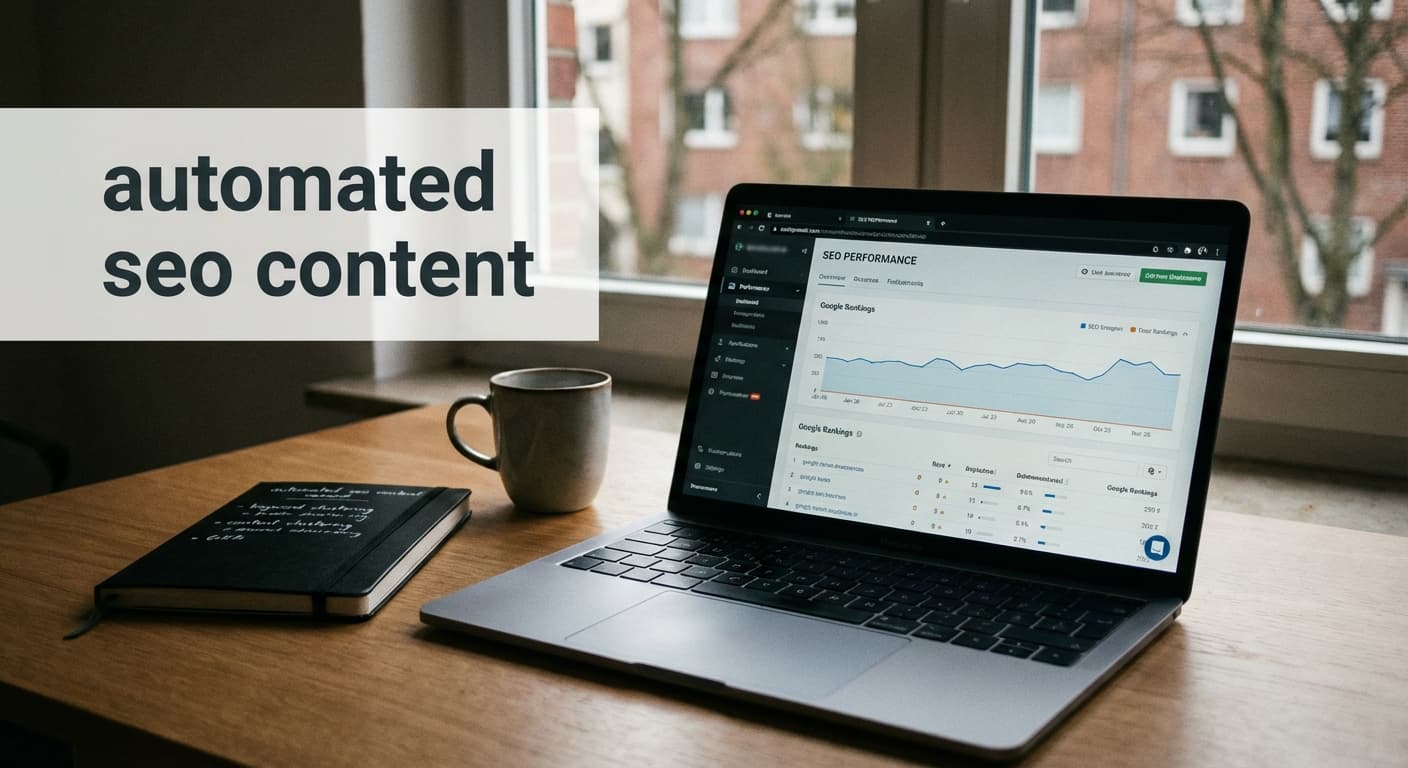 Automated SEO Content auf Laptop mit SEO-Dashboard, Keyword-Clustern und Ranking-Tracking für Hamburg