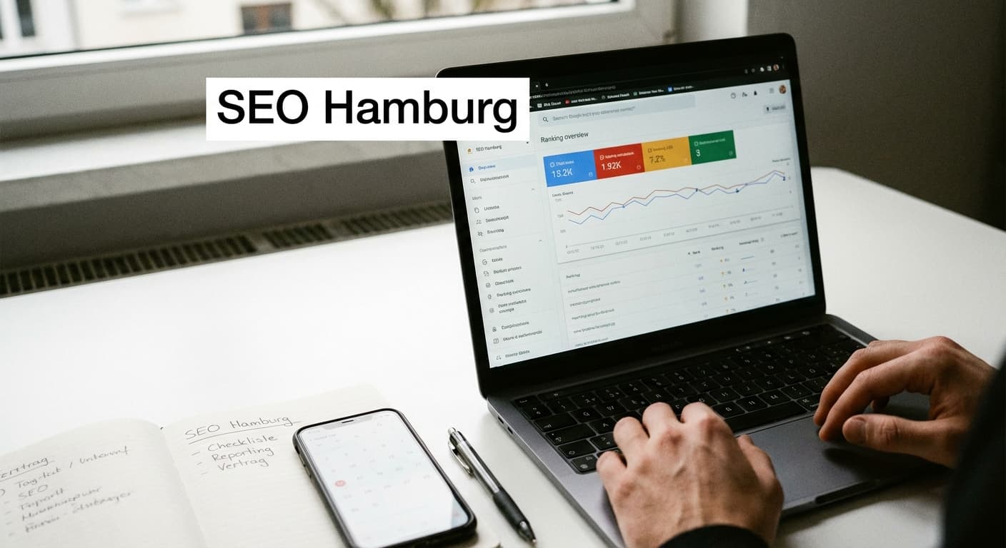 SEO Hamburg Checkliste am Laptop: Dashboard, Notizbuch und Vertragsnotizen für die Auswahl einer seriösen Agentur