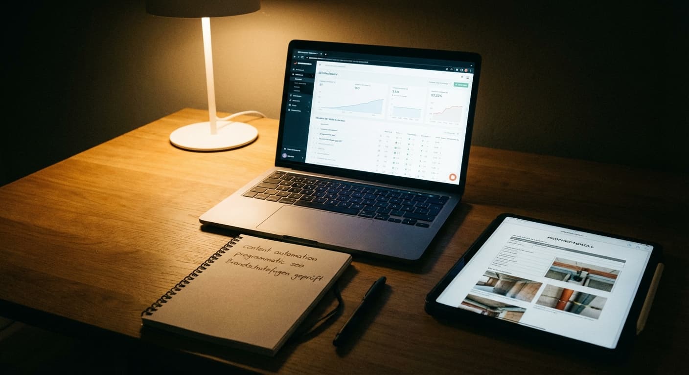 Content automation für geprüfte Brandschutzfugen: Laptop mit SEO-Dashboard, Keywords und digitalem Prüfprotokoll