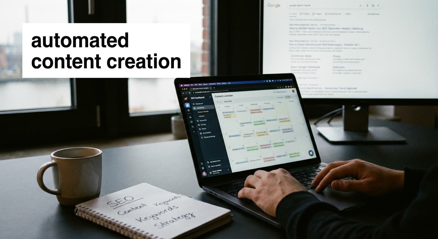 Automated content creation im SEO Content Kalender: Laptop mit SEO-Dashboard, Redaktionsplan und Keyword-Clustern