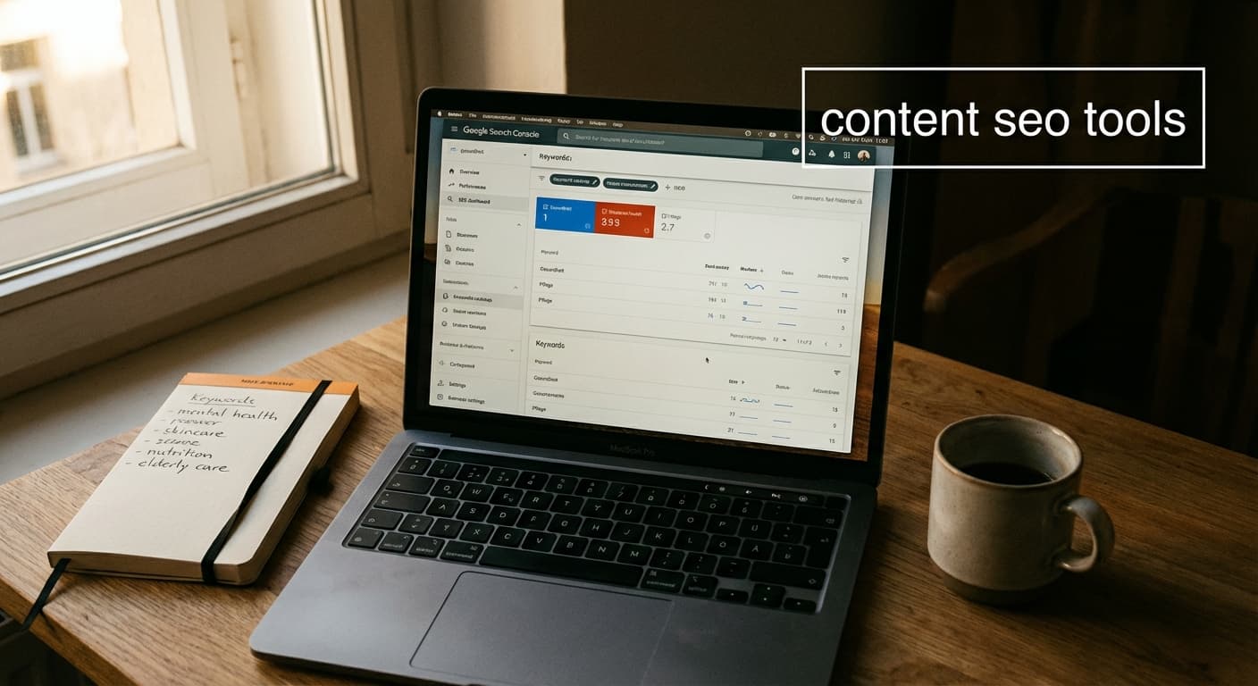 Content SEO Tools im Einsatz: Laptop mit SEO-Dashboard, Keyword-Notizen und Workflow für Gesundheits- und Pflege-Content