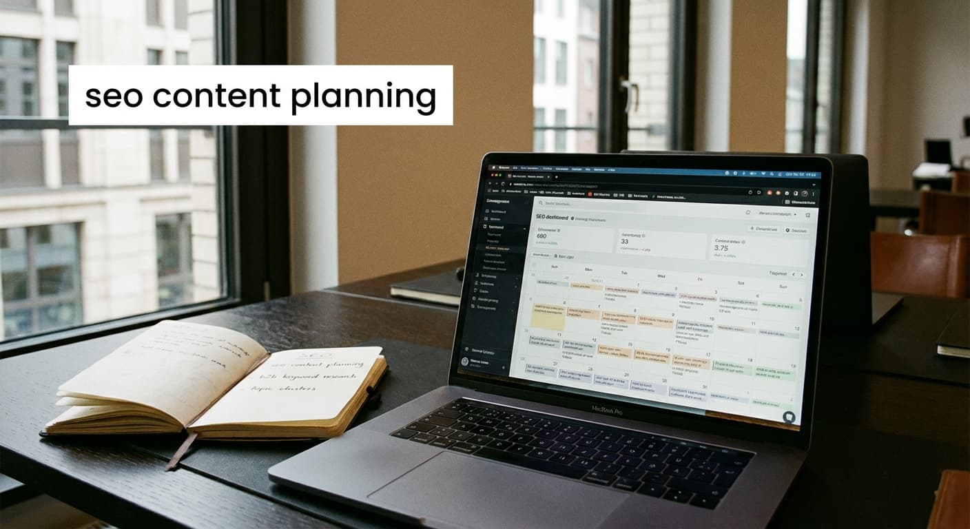 SEO Content Planning am Laptop mit Keyword-Notizen und Redaktionskalender für B2B Keyword-Recherche und Topic Clusters