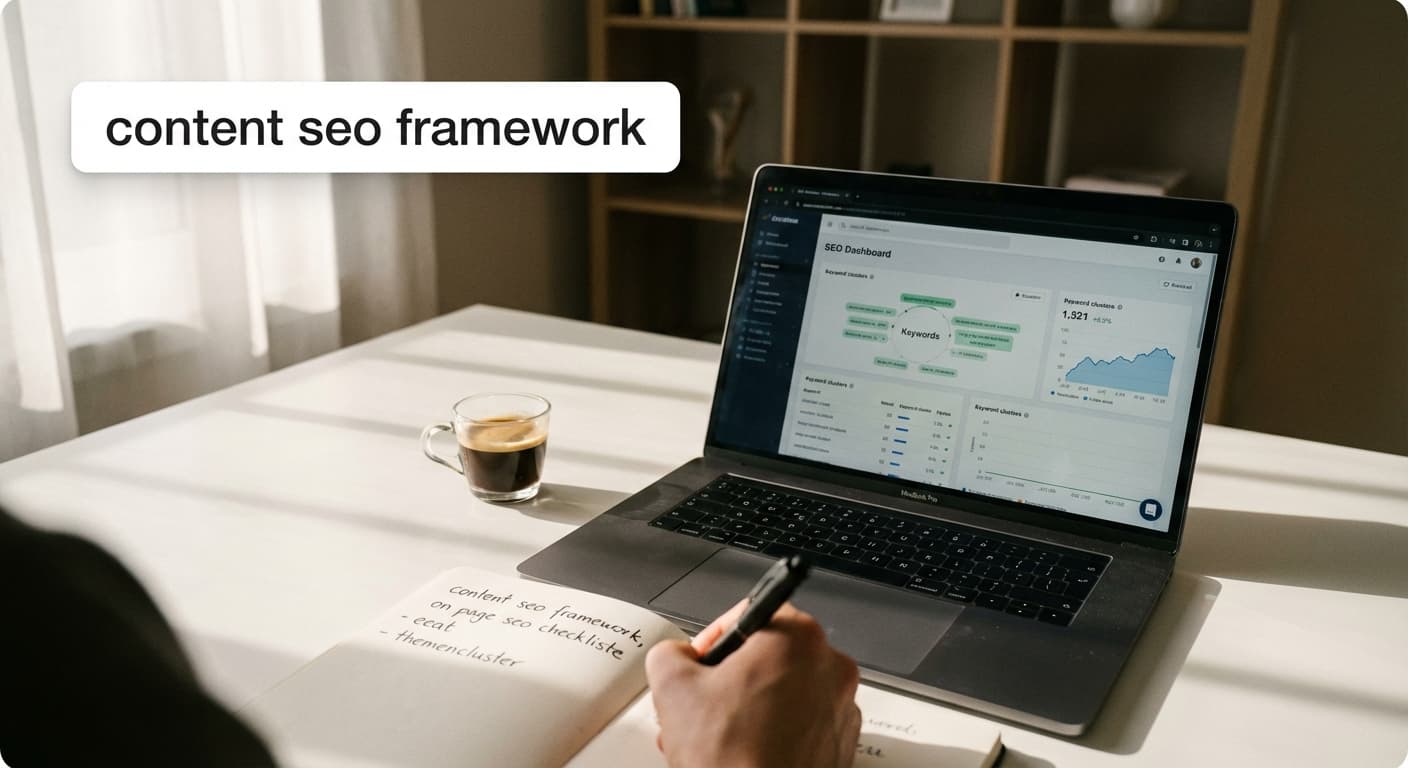 content seo framework auf Laptop mit SEO-Dashboard, daneben On-Page-SEO-Checkliste und Keyword-Notizen am Arbeitsplatz