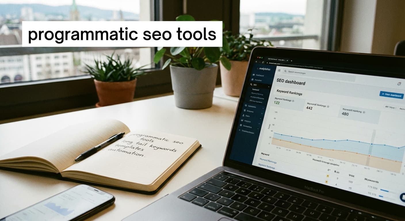 Moderner Arbeitsplatz mit Laptop und SEO-Dashboard, Keyword-Notizen und Fokus auf programmatic seo tools