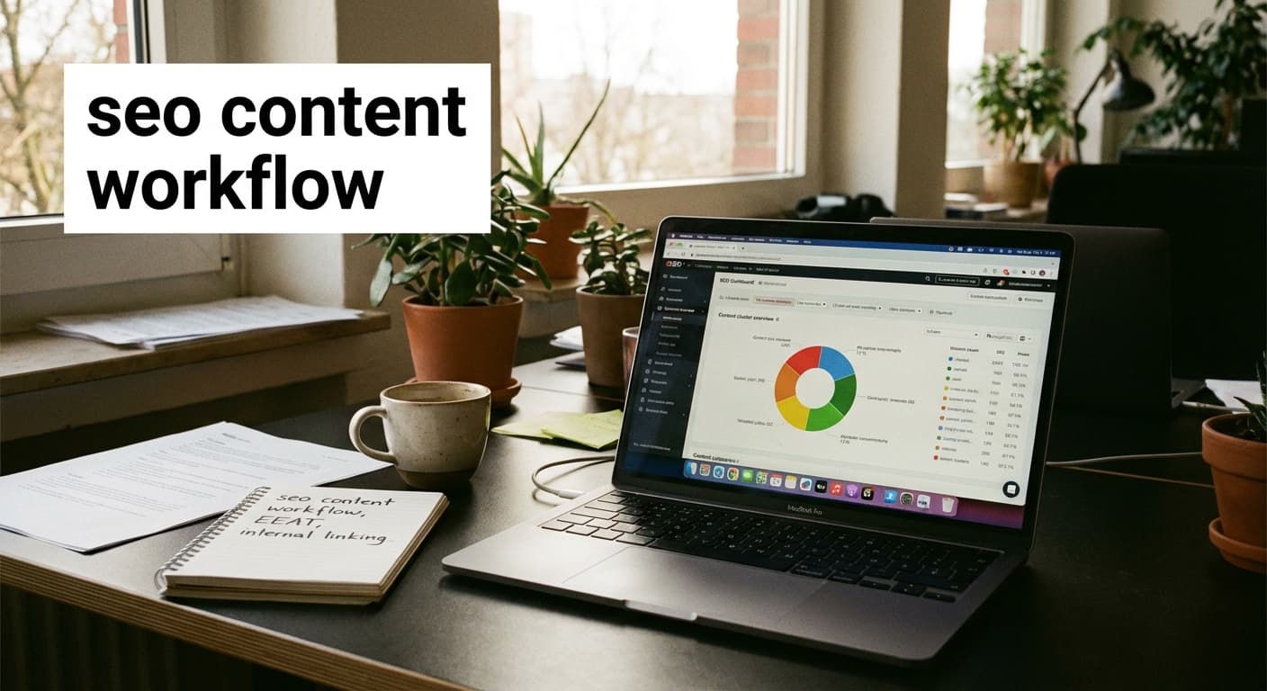 seo content workflow am Laptop mit Content-Cluster Dashboard, Notizblock mit EEAT und internen Links im Bürolicht