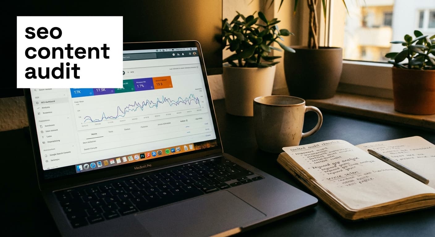 SEO Content Audit am Laptop mit Search Console und KPI-Dashboard, Notizen zu Content Audit Checklist und Keyword-Gaps