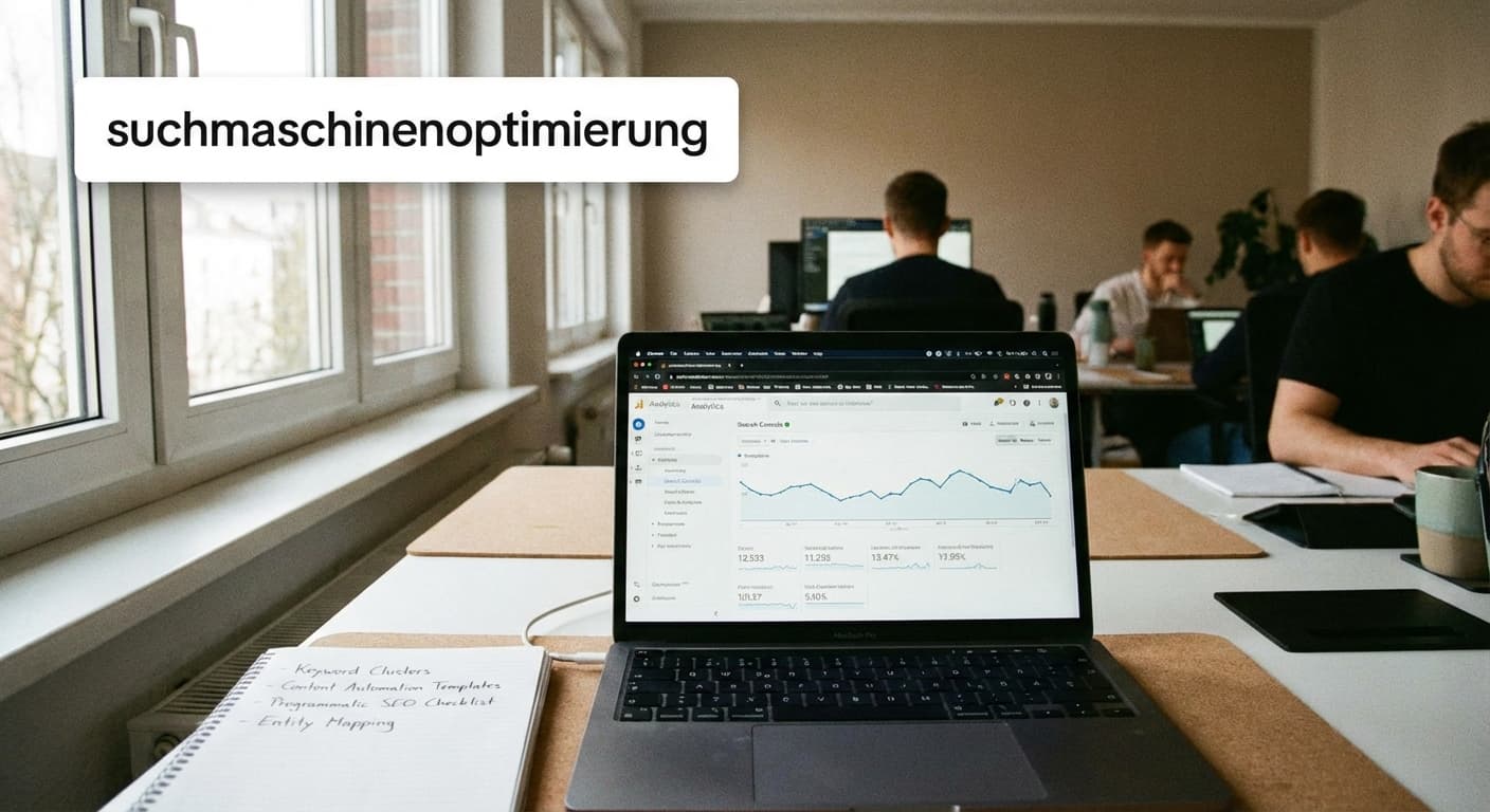 Suchmaschinenoptimierung für Programmatic SEO: Laptop mit SEO-Dashboard, Keyword-Clustern und Checkliste am Arbeitsplatz