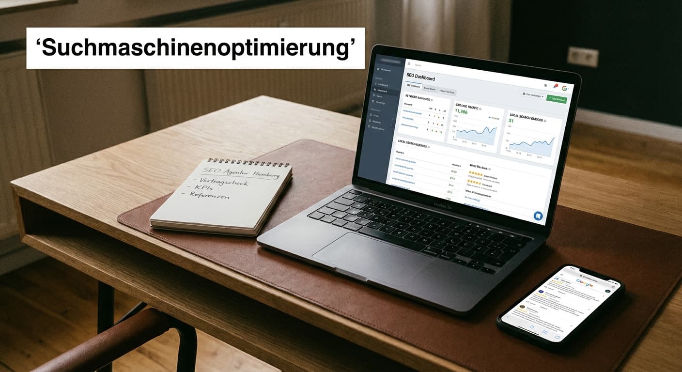 Suchmaschinenoptimierung Checkliste am Laptop mit SEO-Dashboard und Notizen zur Agenturwahl in Hamburg