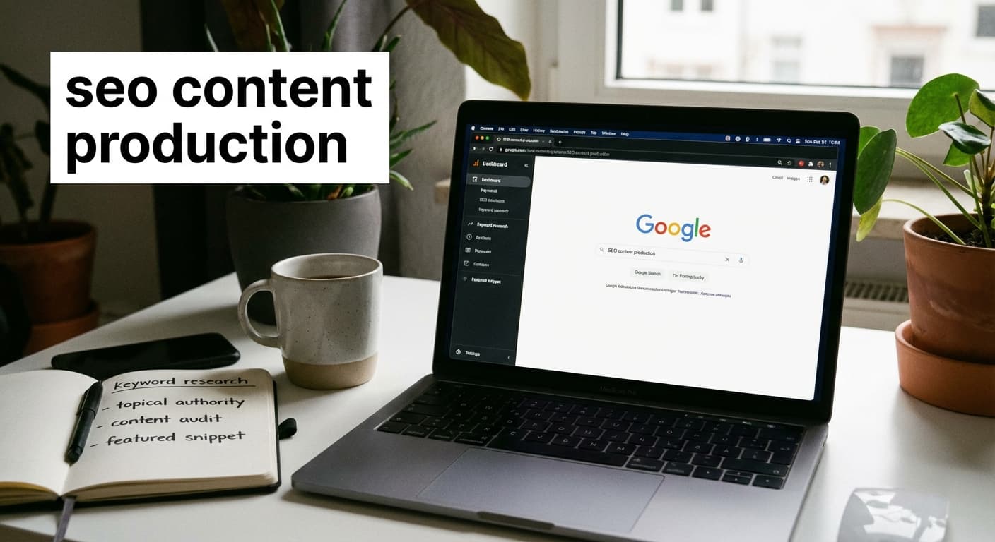 seo content production am Laptop, Keyword-Cluster im Notizbuch und SEO-Dashboard für Platz 1 Strategie in Hamburg
