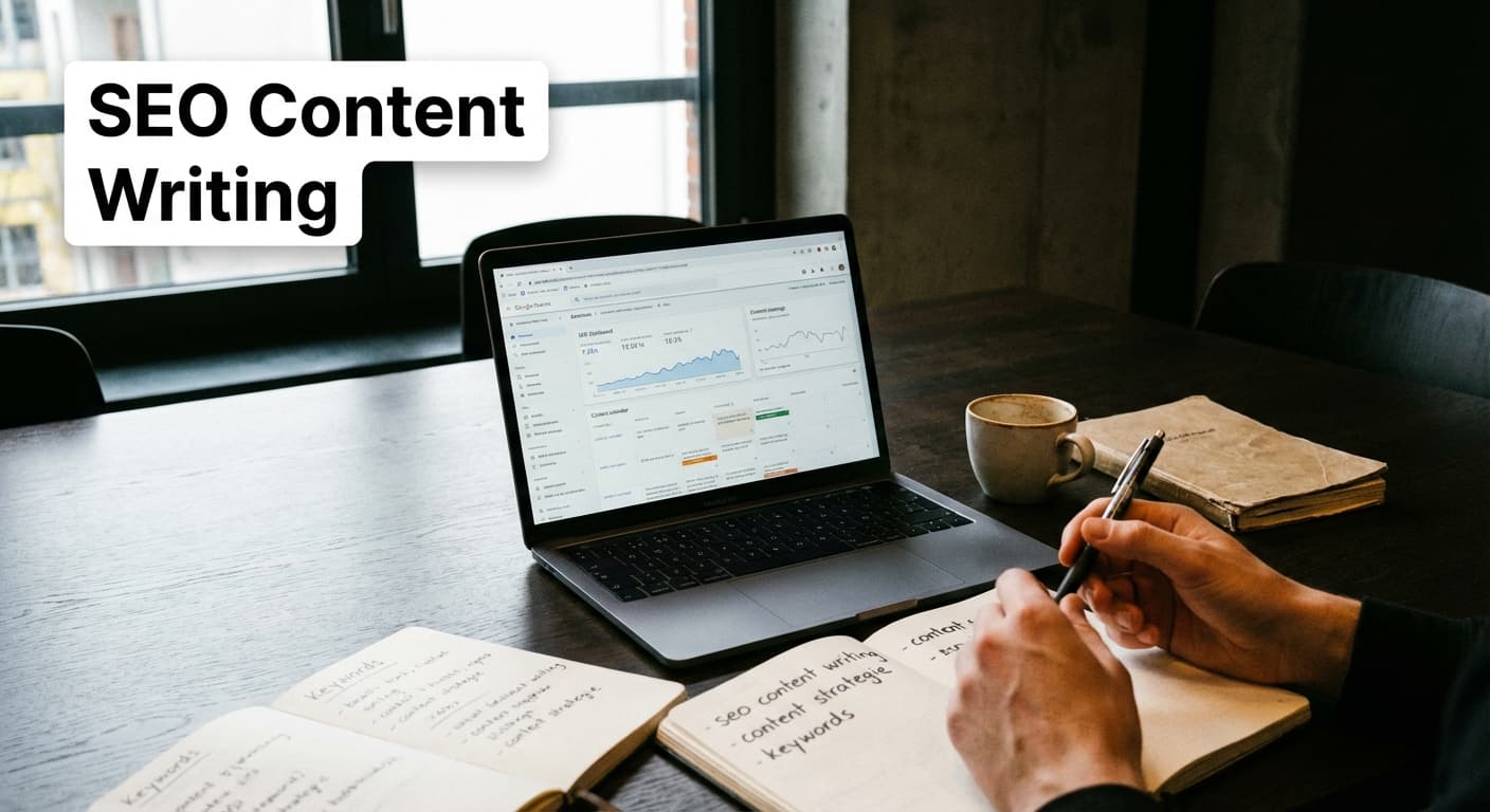 SEO Content Writing am Laptop mit SEO-Dashboard, Keyword-Notizen und Content-Plan für die Anbieter-Auswahl in Hamburg
