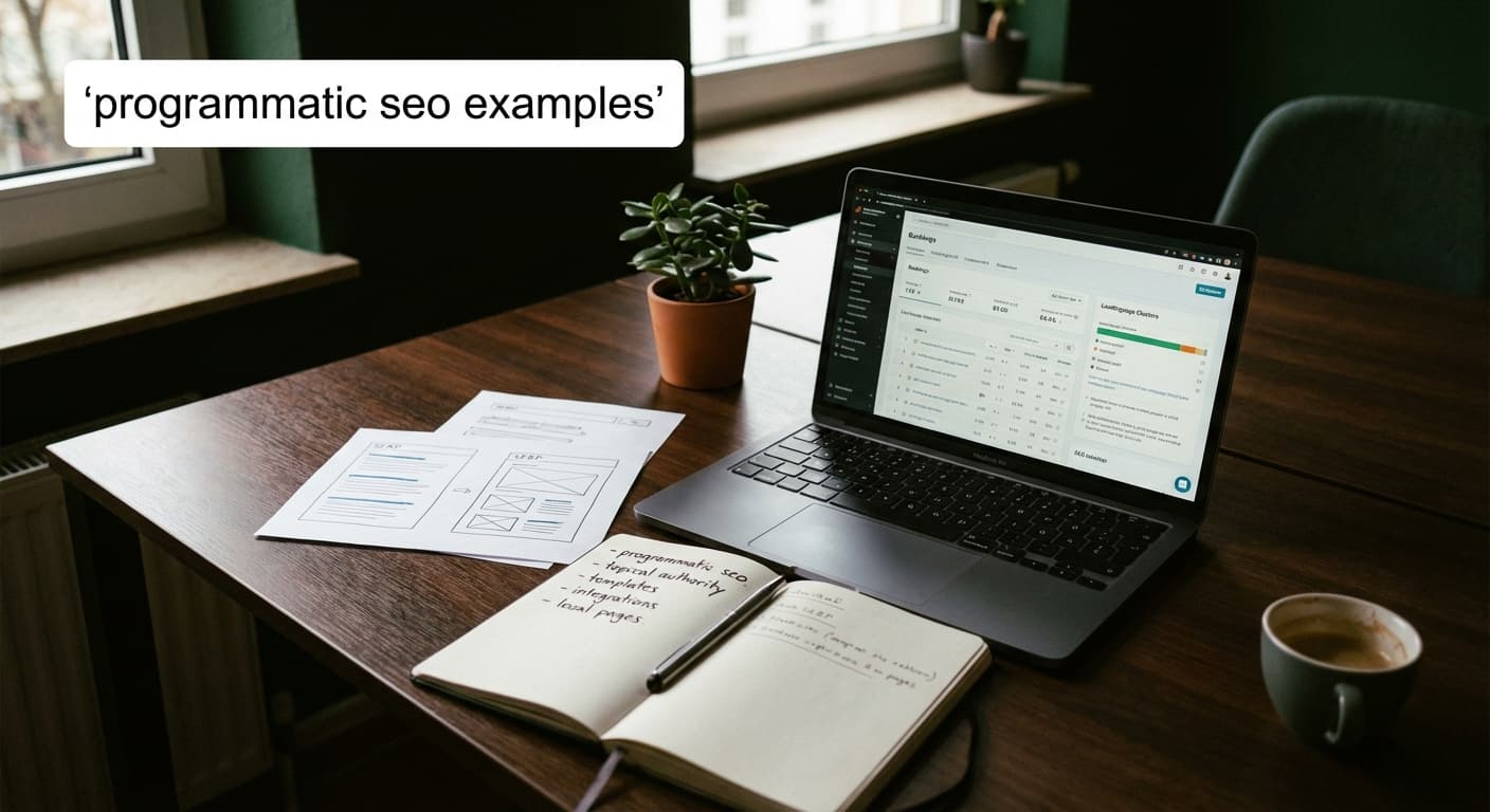 Moderner Arbeitsplatz mit Laptop und SEO-Dashboard, Notizen und Keyword-Clustern für programmatic seo examples