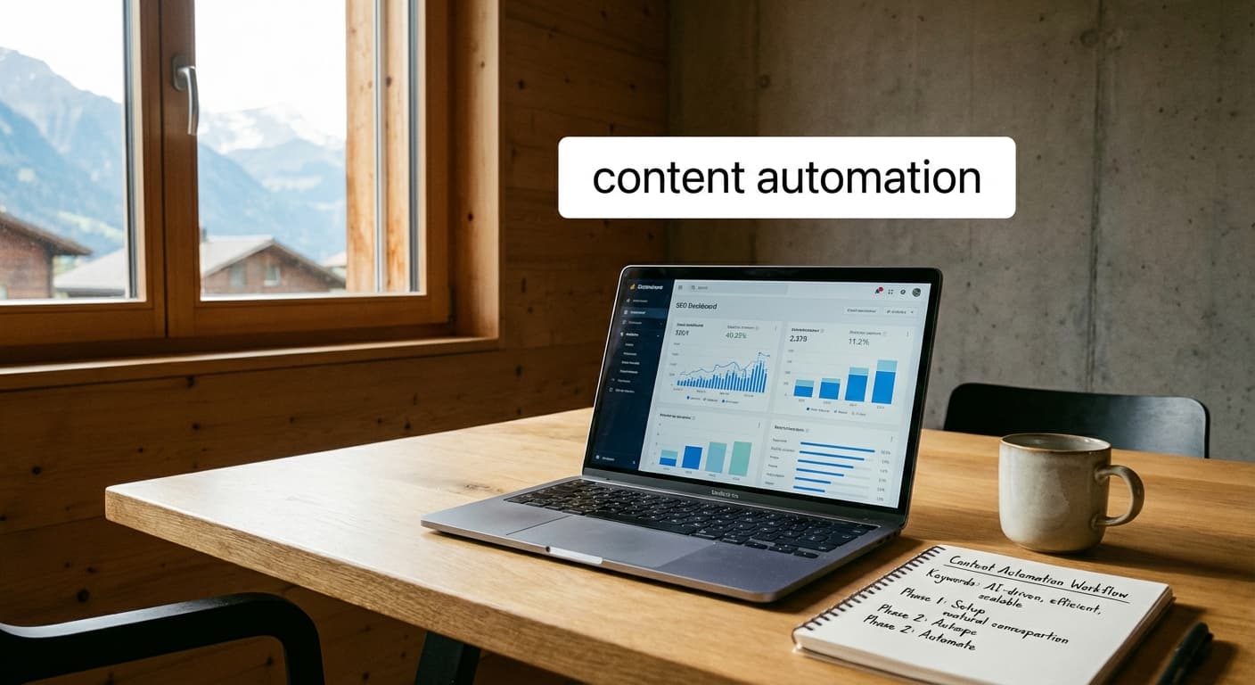 Content automation für B2B: Laptop mit SEO-Dashboard, Keyword-Notizen und Publishing-Workflow auf dunklem Schreibtisch