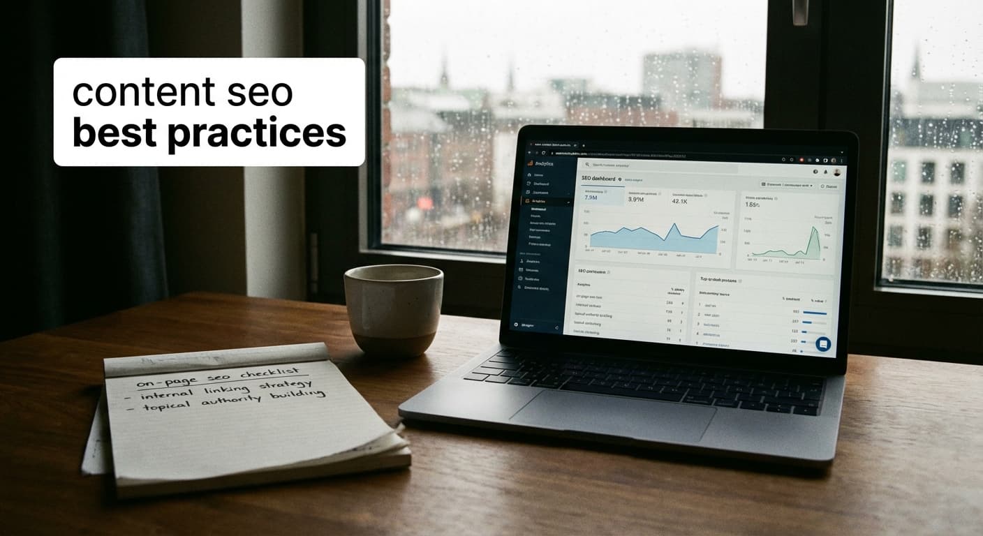 Schreibtisch mit Laptop und SEO-Dashboard, Notizen zu content seo best practices und On-Page SEO Optimierung