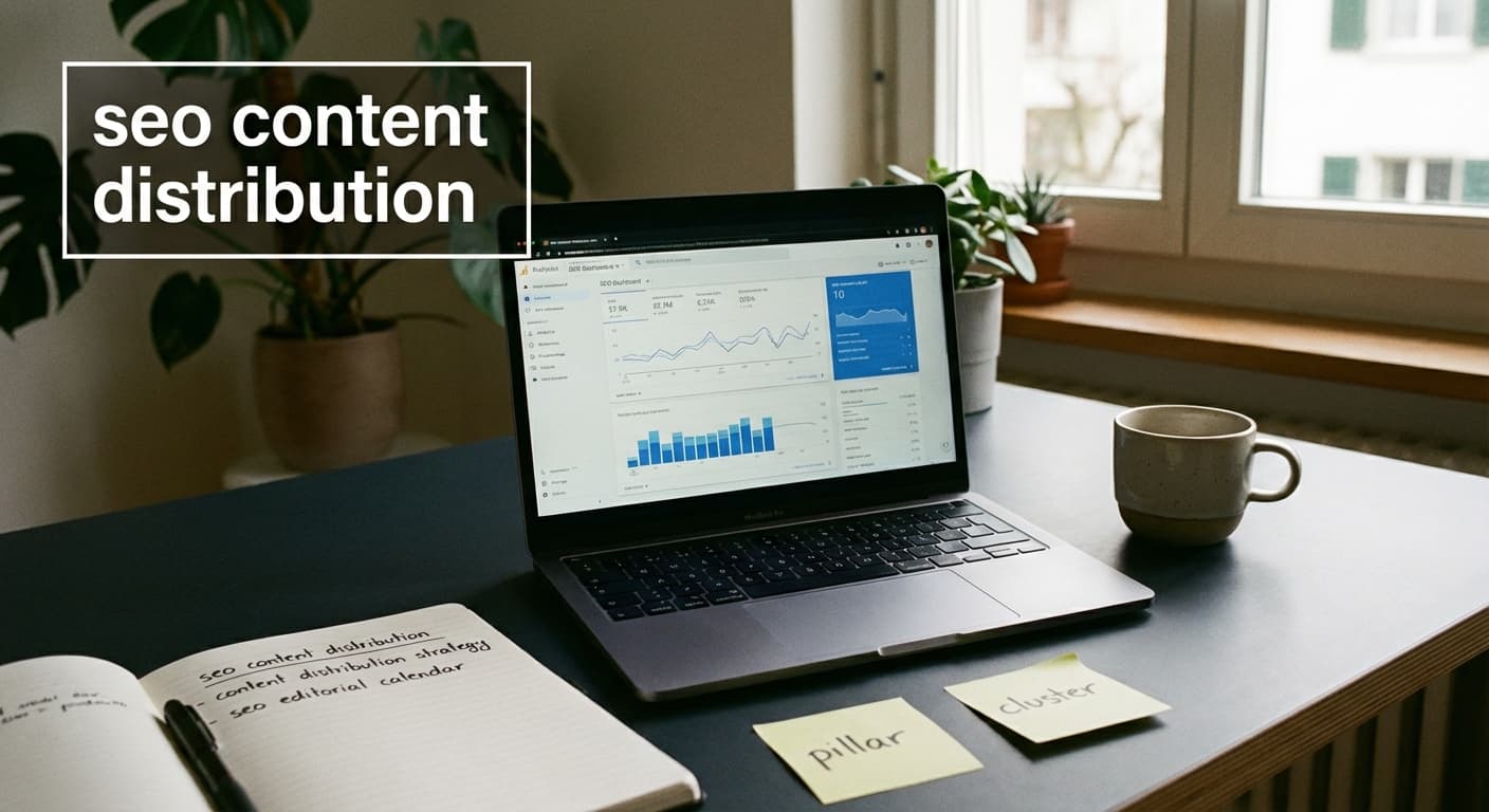 SEO Content Distribution am Laptop mit Analytics-Dashboard, Notizblock mit Pillar-Cluster-Plan und Kalender