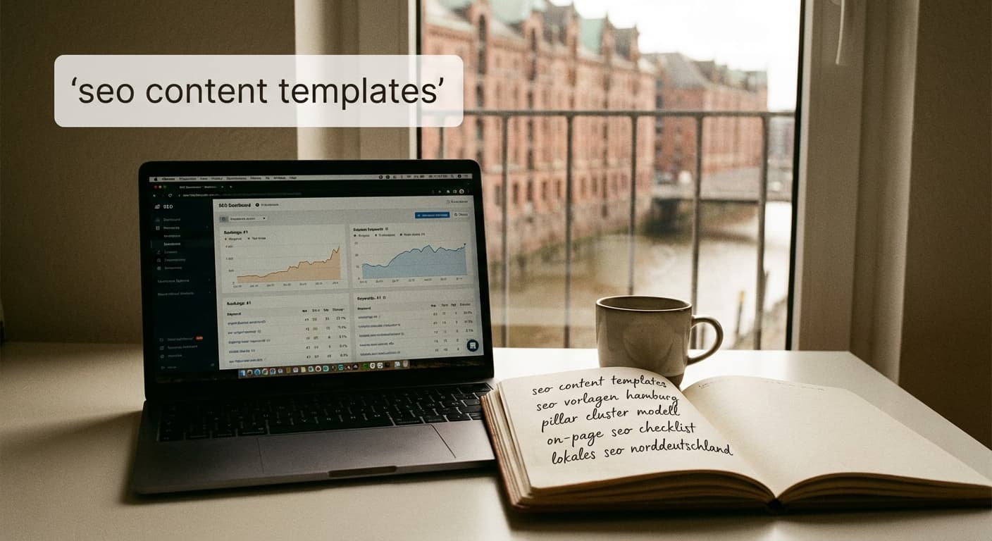 seo content templates am Laptop mit Analytics-Dashboard, Keyword-Notizen und Planung für lokales SEO in Hamburg