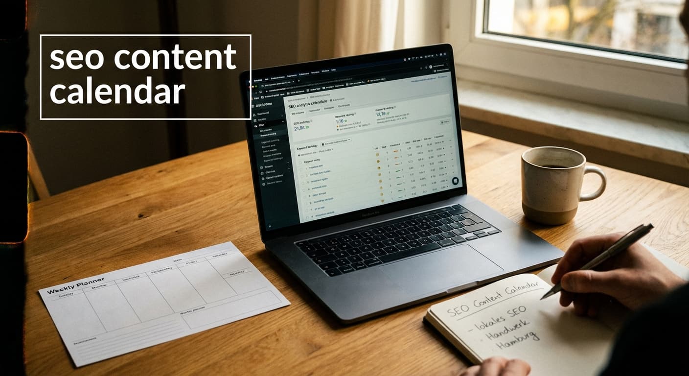 seo content calendar für Handwerksbetriebe: Laptop mit Analytics-Dashboard, Keyword-Planung und lokalem Hamburg-Fokus