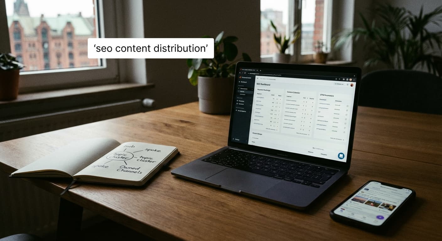 seo content distribution am Laptop: SEO-Dashboard, Content-Kalender und Notizen zu Hub-Spoke und Distribution im Büro