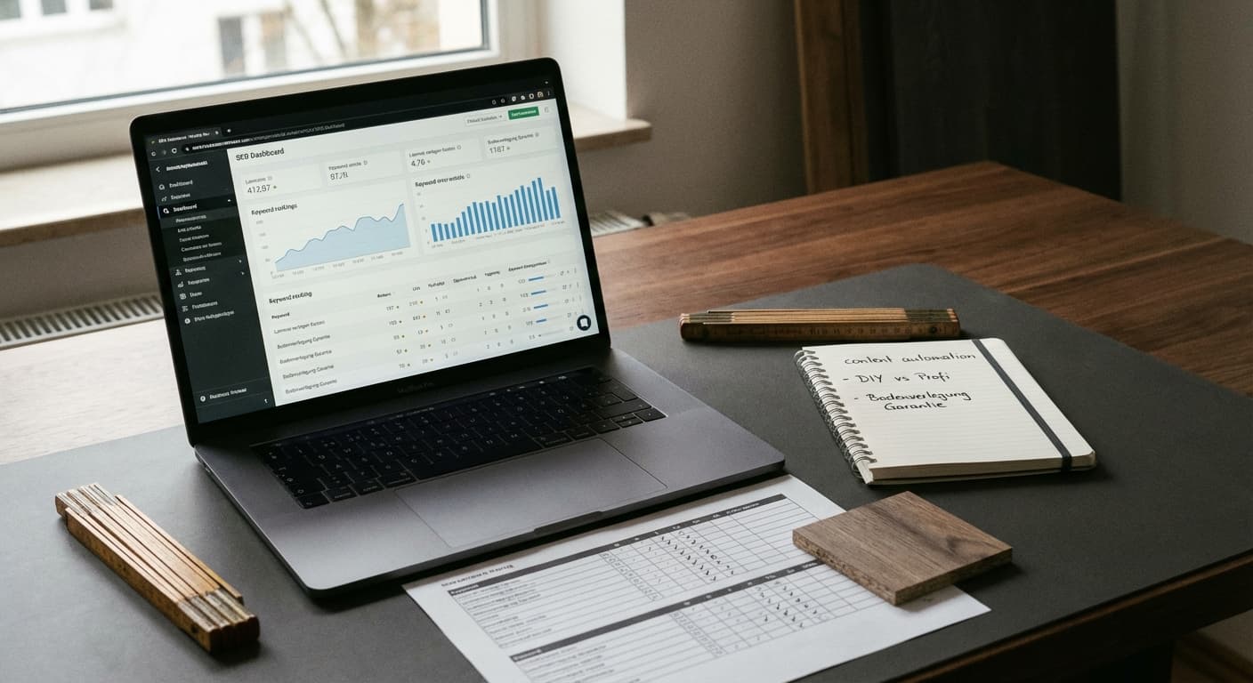 content automation Dashboard auf Laptop mit Keyword-Notizen zu Laminat verlegen Profi oder DIY und Kosten